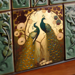 Peacock Klimt Gold Green Wall Decor Art Nouveau Ceramic Tile