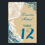 Peacock Lace Elegance 2 Wedding Table Number Card<br><div class="desc">Elegant Peacock and lace wedding Numbered Table card with an Art Nouveau feel. Lovely Aqua and teal tones with white scrolled side panel. Background is a delicate tone on tone lace floral over sand colour. Matching card back. Customise the names and the number on both sides. Other matching items available...</div>