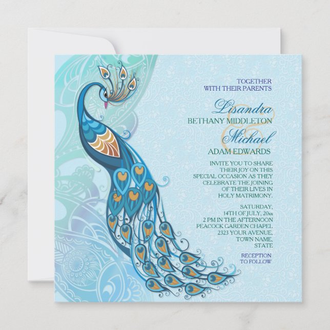Peacock Lace Elegance Wedding Invitation (Front)
