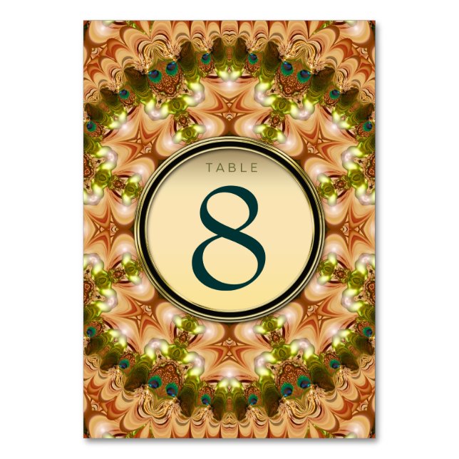Peacock Lace Mandala Gold Menu Table Number Card (Front)