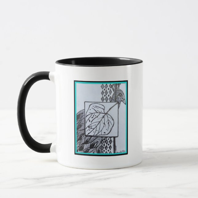 Peacock & Leaf Blk & Whit Ink Turquoise Border Mug (Left)