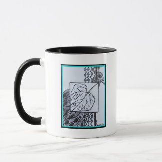 Peacock & Leaf Blk & Whit Ink Turquoise Border. Mug