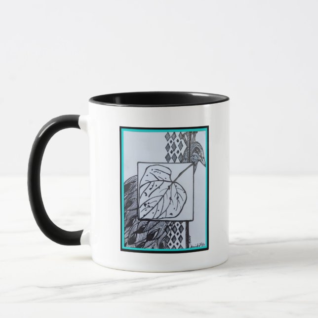 Peacock & Leaf Blk & Whit Ink Turquoise Border. Mug (Left)
