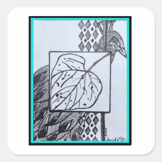 Peacock & Leaf Sticker -Blk & Turquoise (Front)