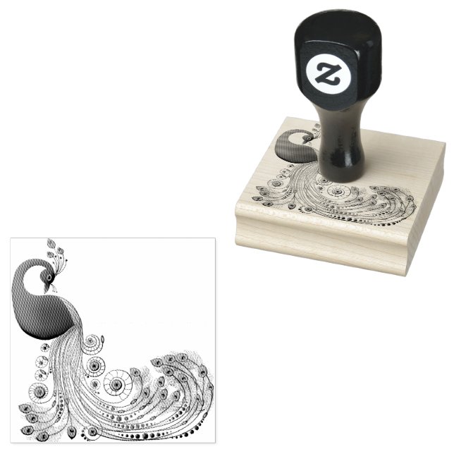 Peacock Long Curled Tail Feathers Rubber Stamp (Stamped)