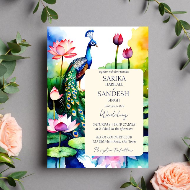 Peacock lotus flowers wedding template (Peacock lotus flowers wedding editable template invitation instant digital download watercolor pond)