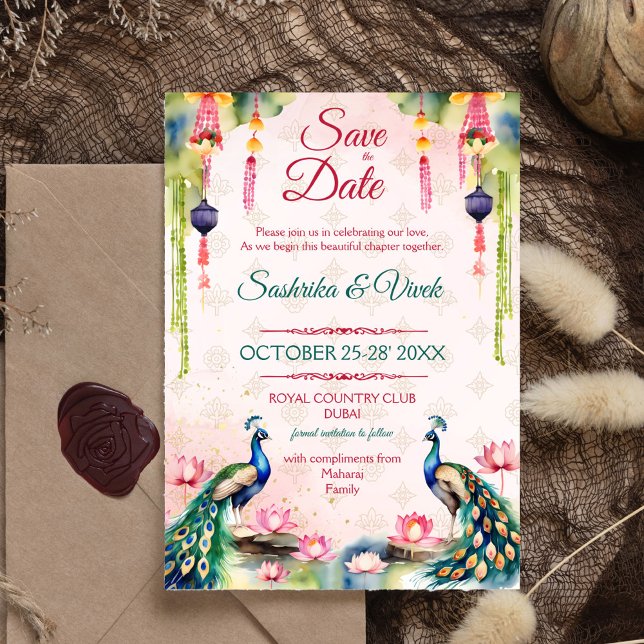 Peacock lotus Indian wedding save the date Invitation (Peacocks lotus garden Indian wedding save the date editable template invitation digital download)