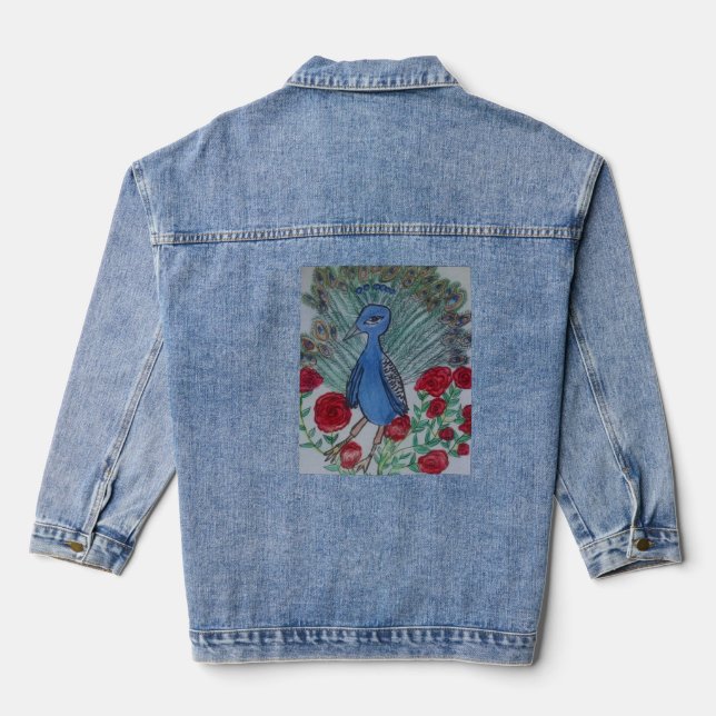 Peacock love rose drawing denim jacket (Back)