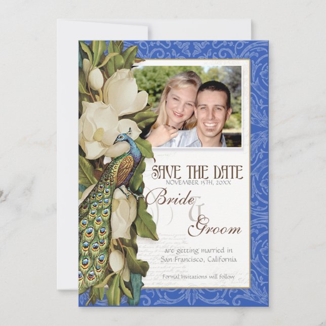 Peacock Magnolia Floral Swirl Damask Wedding Invitation (Front)