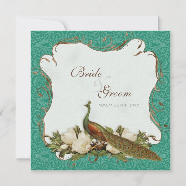 Peacock Magnolia Floral Swirl Damask Wedding Invitation (Front)