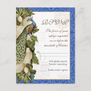 Peacock Magnolia Floral Swirl Damask Wedding RSVP Card