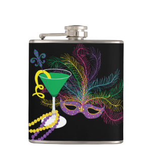 Peacock Mask and Martini Mardi Gras Hip Flask