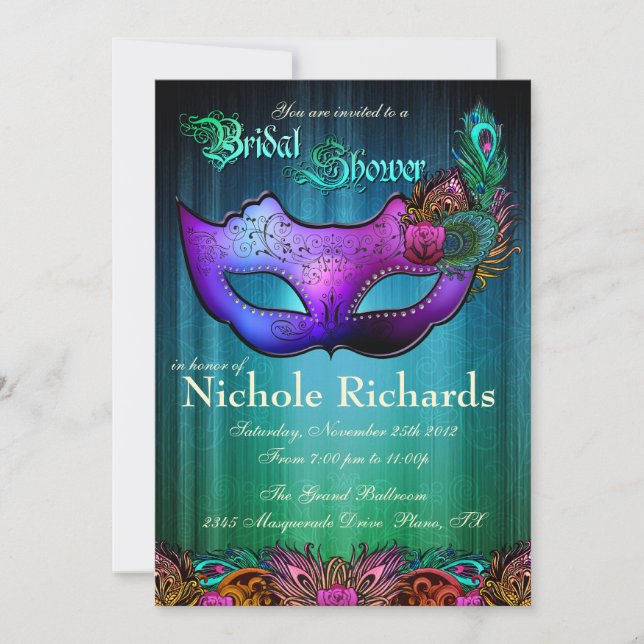 Peacock Masquerade Bridal Shower Invitation (Front)
