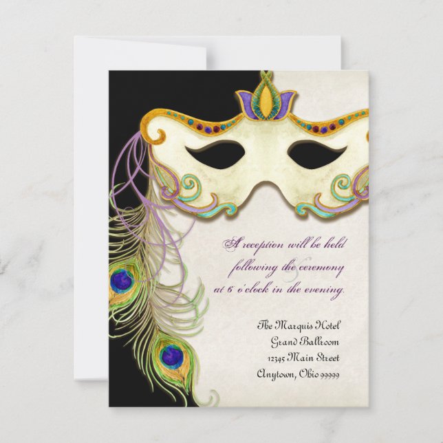 Peacock Masquerade Mask Ball, Reception Invitation (Front)