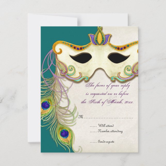 Peacock Masquerade Mask Ball - RSVP Response Card (Front)