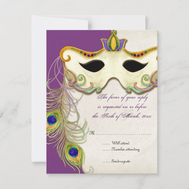 Peacock Masquerade Mask Ball - RSVP Response Card (Front)