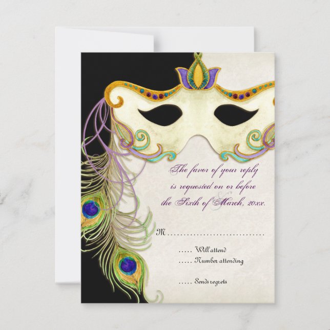 Peacock Masquerade Mask Ball - RSVP Response Card (Front)