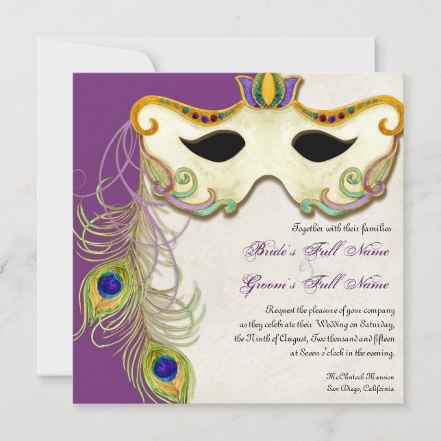 Peacock Masquerade Mask Ball - Wedding Invitation (Front)