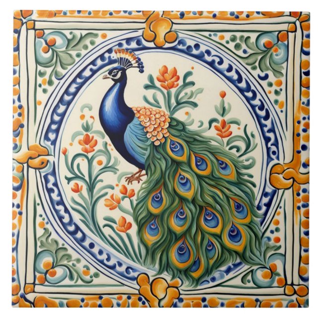 Peacock Mediterranean Yellow & Blue Folk Floral Ceramic Tile (Front)