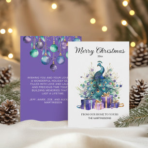 Peacock Merry Christmas Purple Blue Teal Holiday Card