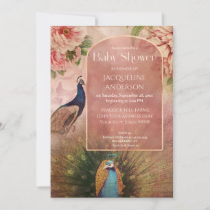 Peacock Modern Arch Peony Flowers Baby Shower Invitation