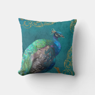 Peacock Modern Elegant Blue Painted w Gold Glitter Cushion