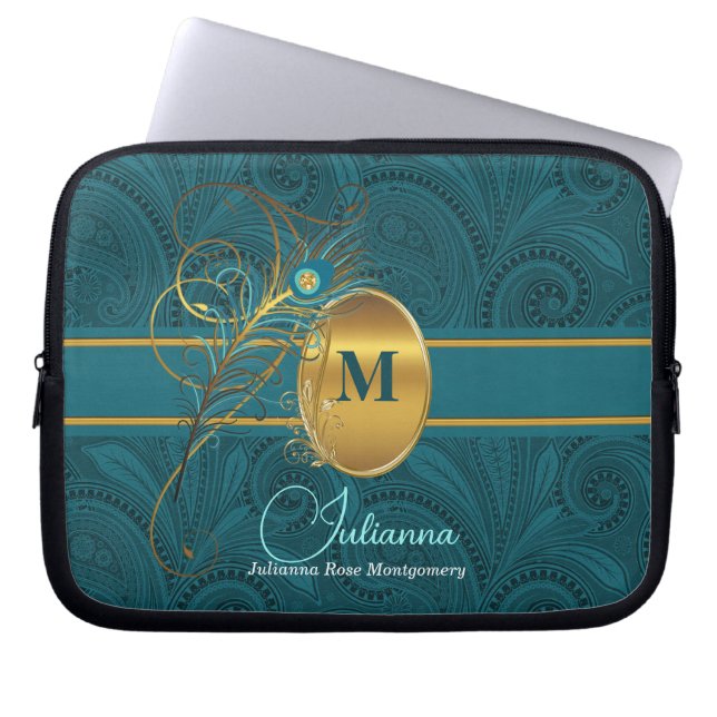 Peacock Monogrammed Elegant Teal Paisley and Gold Laptop Sleeve (Front)
