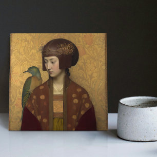 Peacock Morris Gold Burgundy Art Nouveau Portrait Ceramic Tile