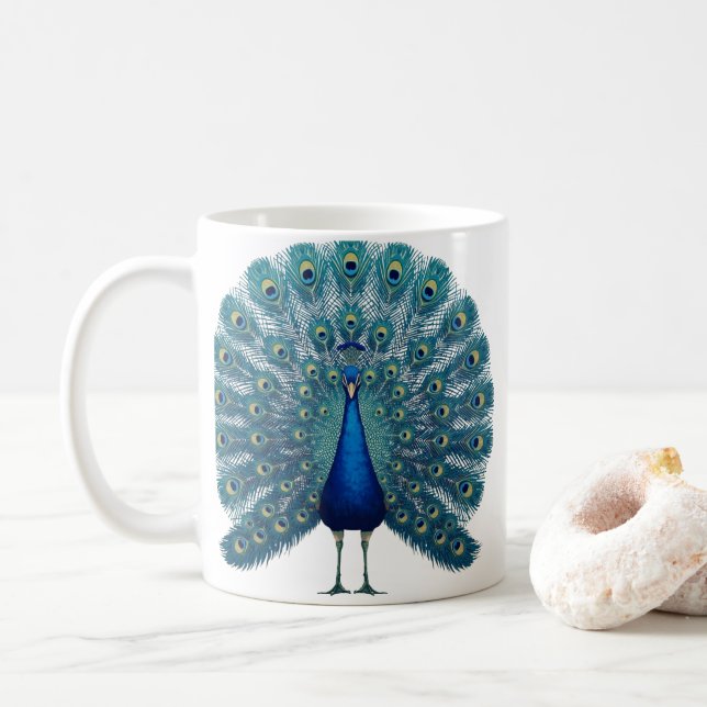 Peacock Mug – Colorful Bird Art Coffee Cup – Elega (With Donut)