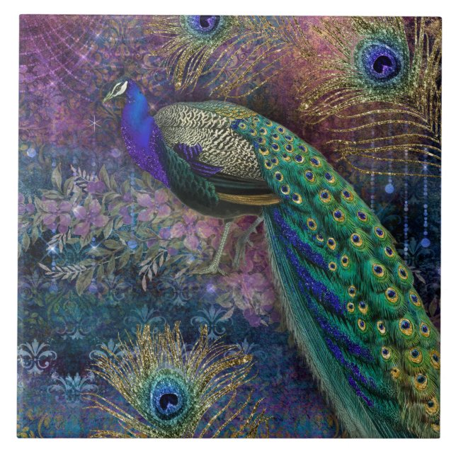 Peacock n Feathers Elegant Vintage Gold Glitter Ceramic Tile (Front)