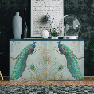 Peacock n Feathers Pair Blue Gold Decoupage Tissue Paper
