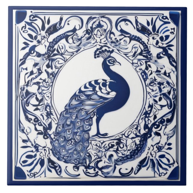 Peacock Navy Dark Blue and White Folk Animal Art Ceramic Tile (Front)
