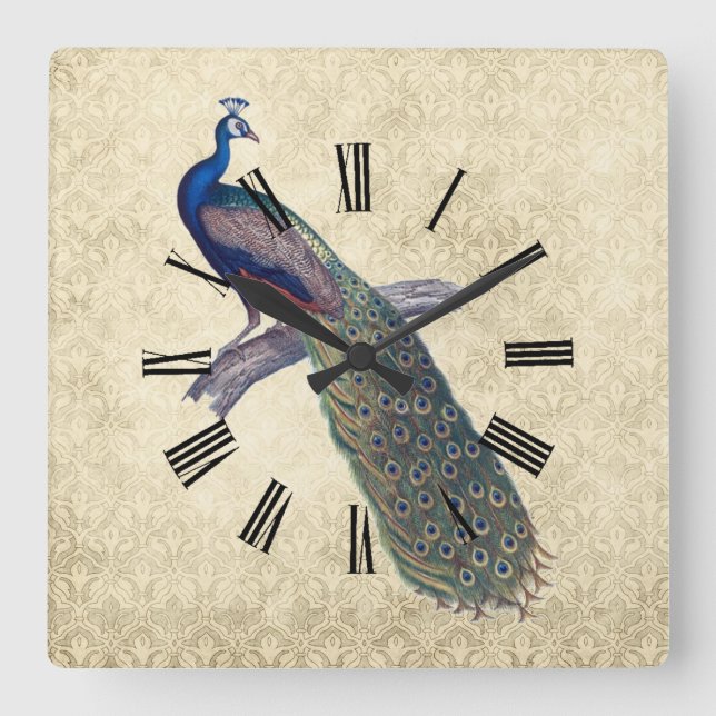 Peacock on Elegant Ivory Damask Square Wall Clock (Front)