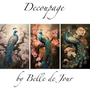 Peacock on flower branches, decoupage wrapping paper sheet