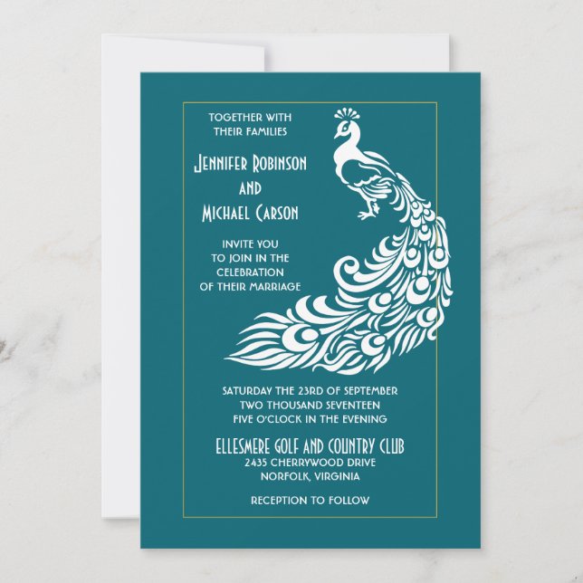 Peacock on Teal Bold Stylish Art Deco Design Invitation (Front)