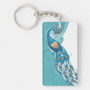 Peacock on Teal Illustration Key Ring