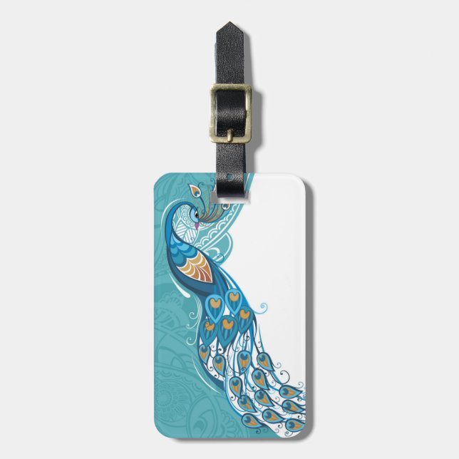 Peacock on Teal Illustration Luggage Tag (Front Vertical)