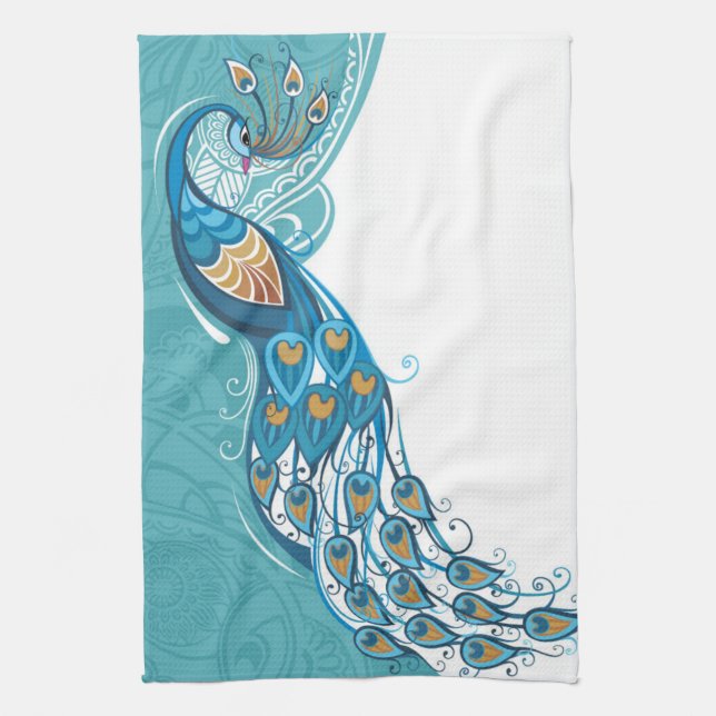 Peacock on Teal Illustration Tea Towel (Vertical)