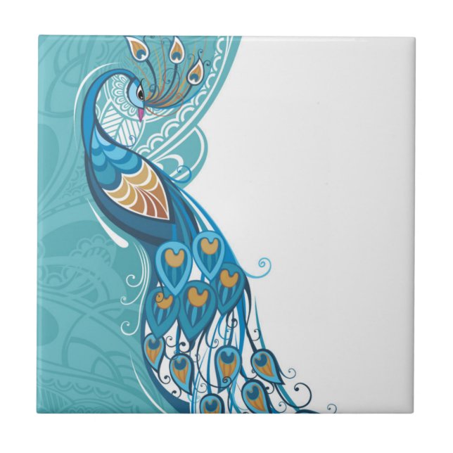 Peacock on Teal Illustration Tile (Front)