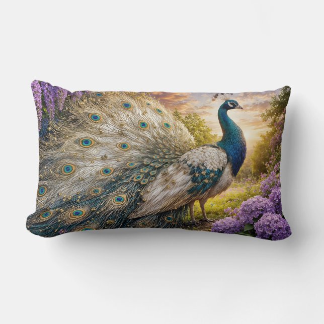 Peacock on the mountain at dawn lumbar cushion (Front)