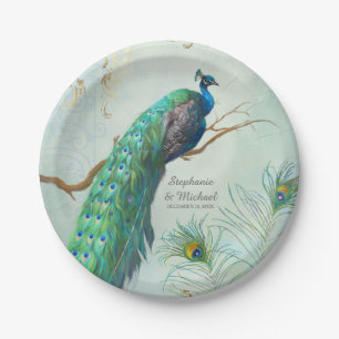 Peacock on Tree Branch Elegant Gold Leaf Look Paper Plate