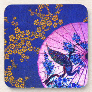 Peacock oriental parasol japanese blossoms blue coaster