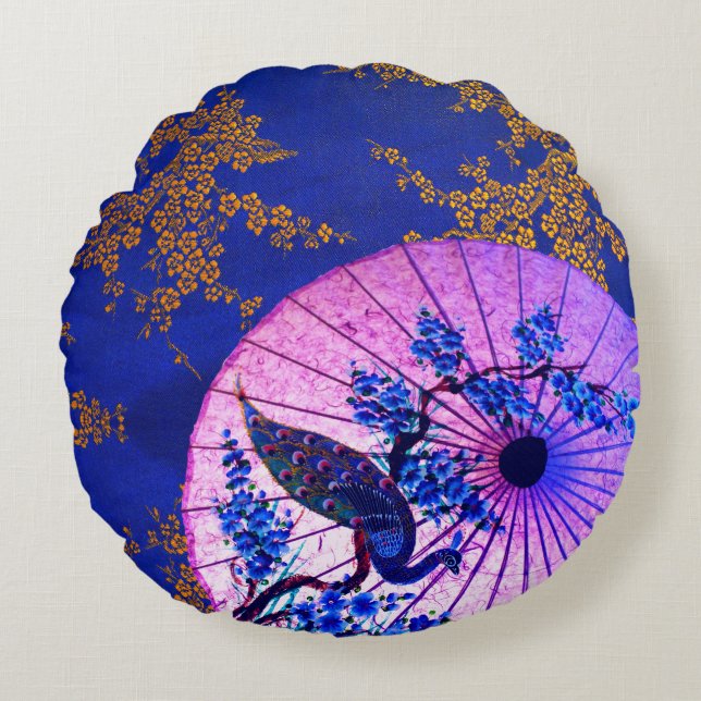 Peacock oriental parasol japanese cherry blossoms round cushion (Front)