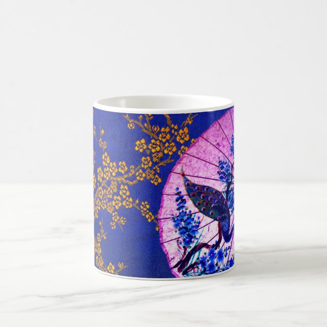 Peacock oriental parasol japanese cherry blue pink coffee mug (Center)