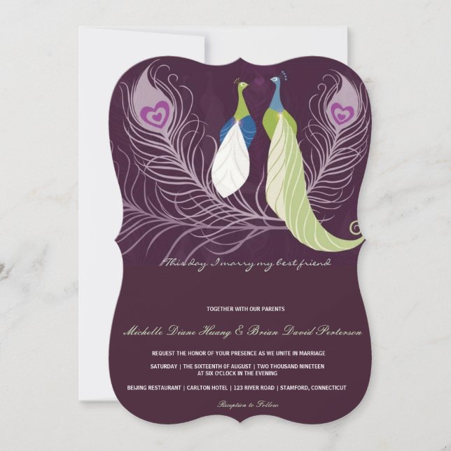 Peacock Pair Love Birds Purple Wedding Invite (Front)