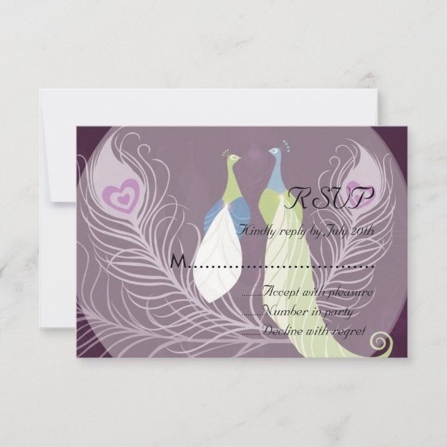 Peacock Pair Love Birds Purple Wedding RSVP (Front)