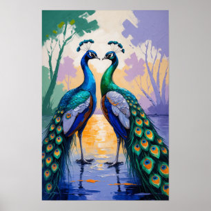 Peacock Pair Reflection in Water Elegant Bird Art Poster