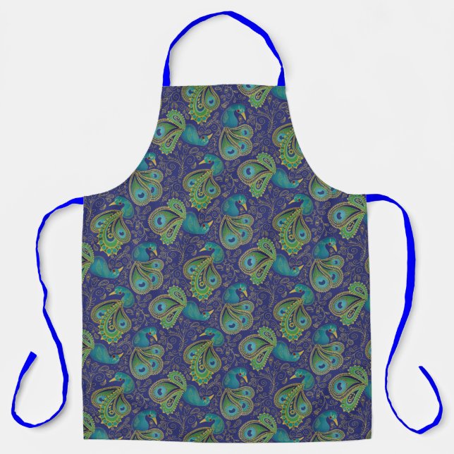 Peacock Paisley Pattern Blue Apron (Front)