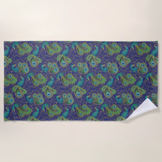 Peacock Paisley Pattern Blue Beach Towel