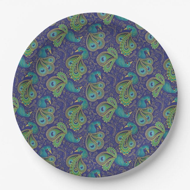 Peacock Paisley Pattern Blue Paper Plate (Front)